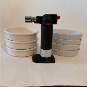 Crème Brûlée Culinary Torch with 7 Dessert  Dishes. (4 Oval and 3 Round Ceramic)